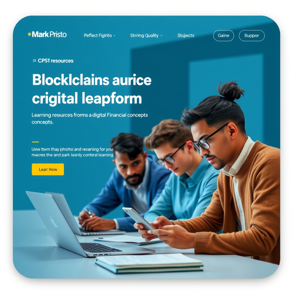 Plataforma educativa Mark Pristo mostrando recursos de aprendizaje sobre blockchain, criptomonedas y conceptos financieros digitales con estudiantes diversos utilizando tecnología moderna para el aprendizaje