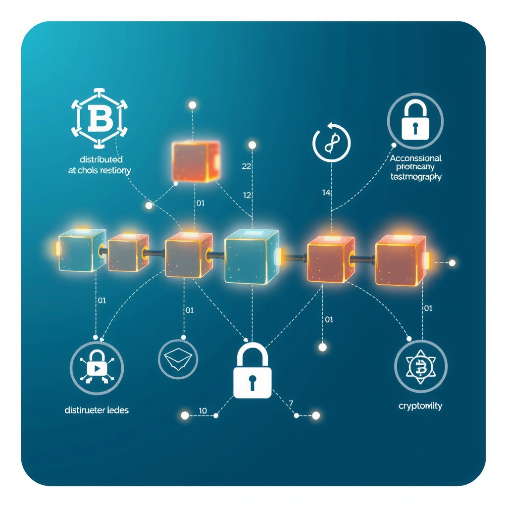 Ilustración educativa de tecnología blockchain mostrando bloques conectados en cadena, nodos distribuidos y conceptos de libro mayor descentralizado con iconos de seguridad y criptografía