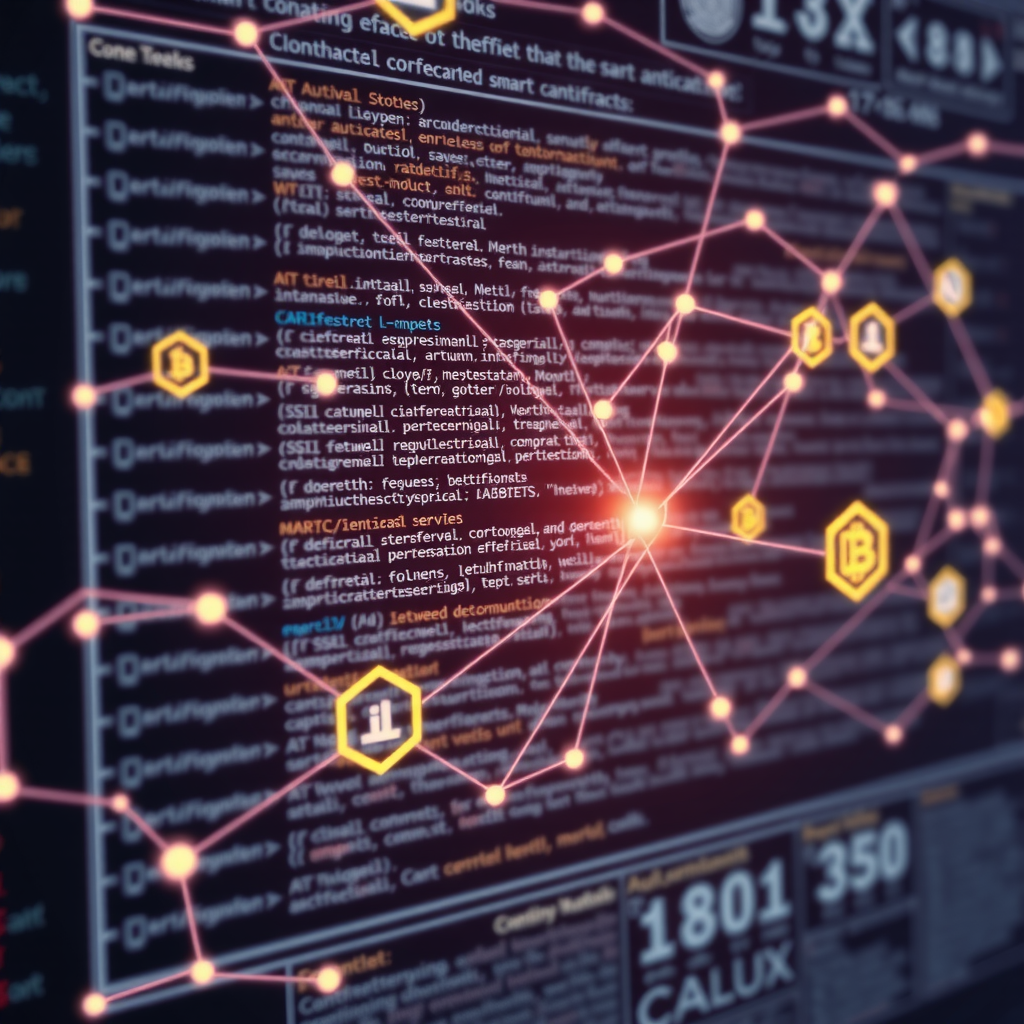 Ilustración conceptual de contratos inteligentes mostrando código blockchain, nodos de red interconectados y procesos de verificación automática en un diseño moderno y tecnológico