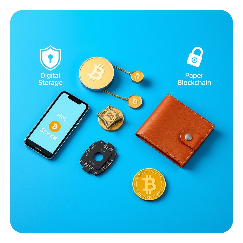 Ilustración educativa mostrando diferentes tipos de carteras de criptomonedas: una cartera digital en un smartphone representando almacenamiento en caliente, un dispositivo hardware wallet físico, y una cartera de papel, todos organizados sobre un fondo azul profesional con iconos de seguridad y blockchain