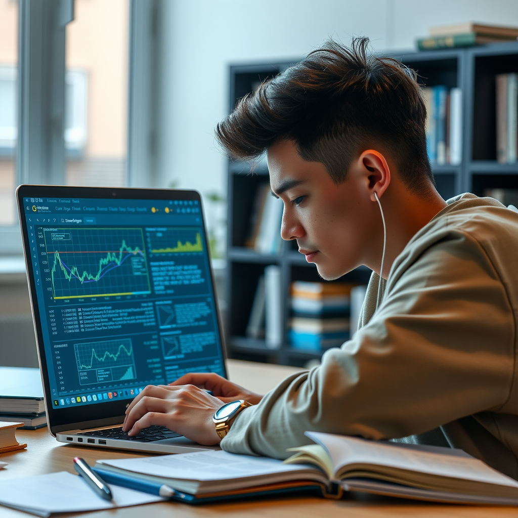 Estudiante concentrado leyendo un documento técnico de criptomonedas en una computadora portátil, con gráficos de blockchain y diagramas técnicos visibles en la pantalla, ambiente de estudio moderno con libros y notas