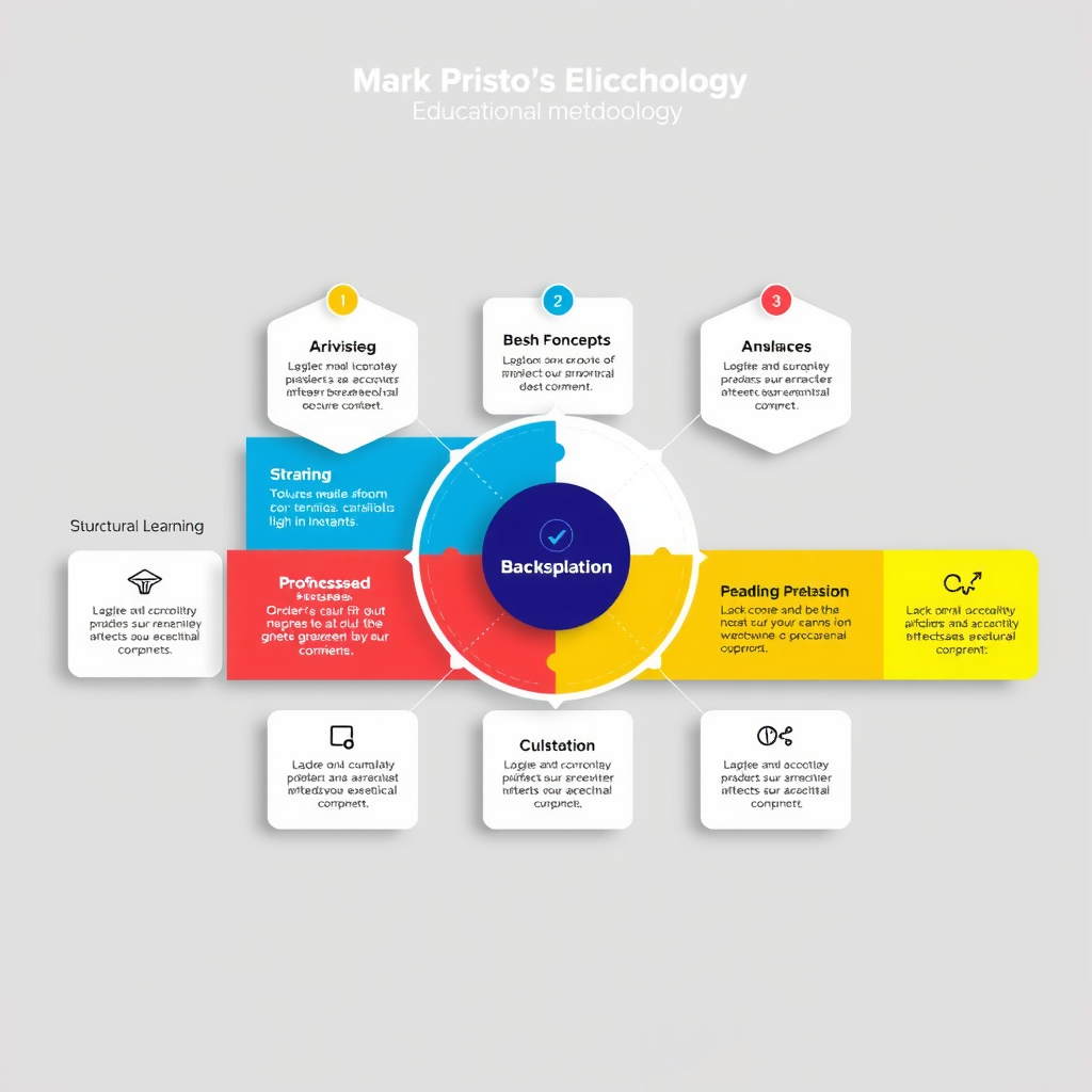 Diagrama ilustrativo de la metodología educativa de Mark Pristo mostrando el proceso de aprendizaje estructurado desde conceptos básicos hasta aplicaciones avanzadas de blockchain y criptomonedas