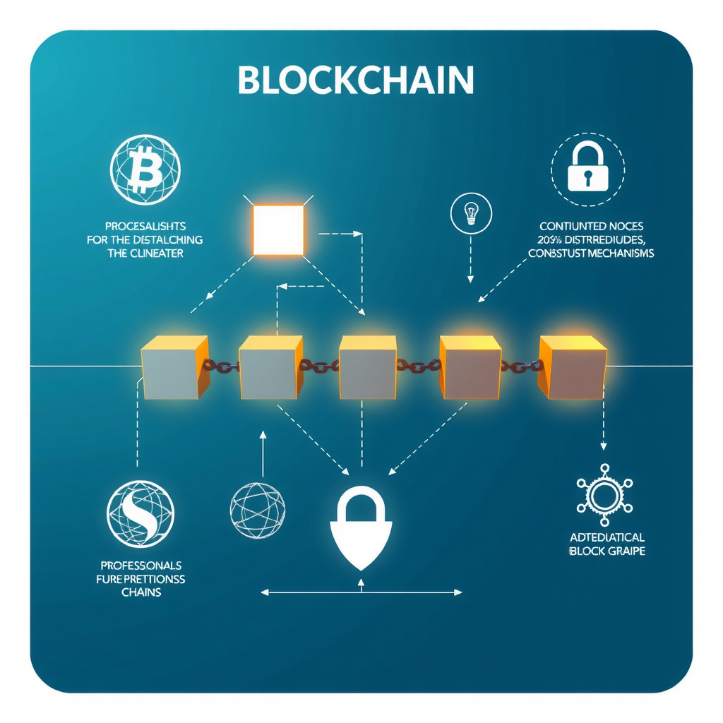 Ilustración educativa de tecnología blockchain mostrando bloques conectados en cadena, nodos distribuidos y mecanismos de consenso con iconos de seguridad y criptografía