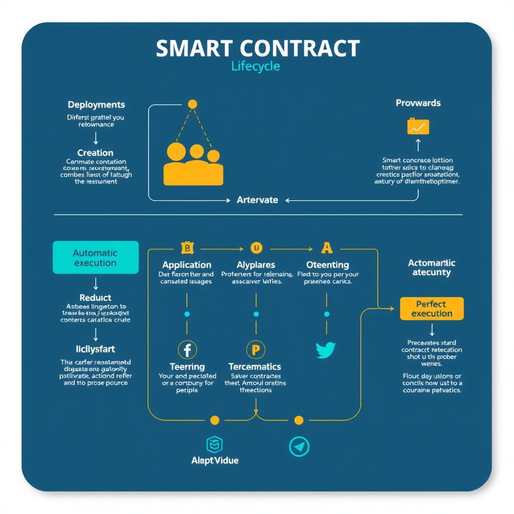 Diagrama de flujo detallado mostrando el ciclo de vida completo de un contrato inteligente desde su creación, despliegue, activación, ejecución automática hasta el registro en blockchain
