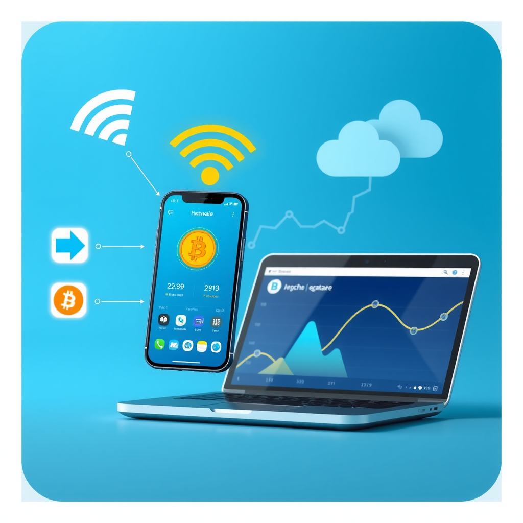 Representación visual de una cartera caliente mostrando un smartphone y una computadora portátil con interfaces de aplicaciones de criptomonedas, conectados a internet mediante símbolos de wifi y nube, con iconos de transacciones rápidas en un diseño moderno azul