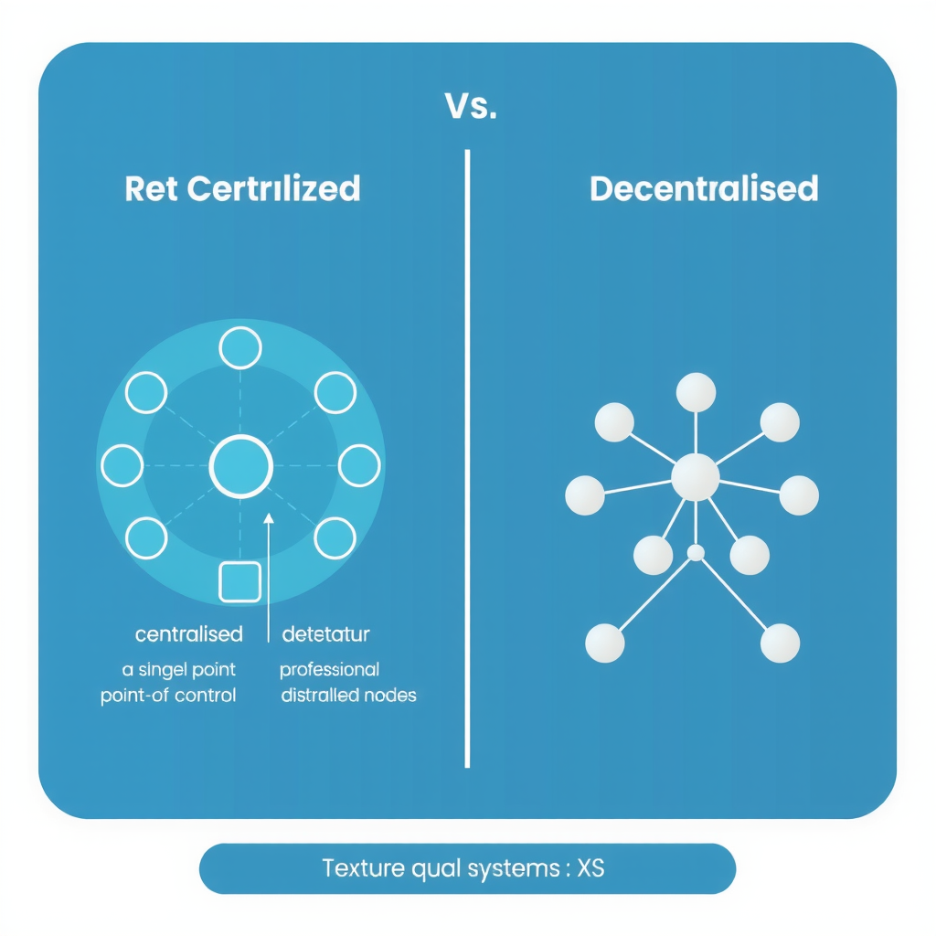 Diagrama comparativo mostrando la diferencia entre sistemas centralizados con un único punto de control y sistemas descentralizados con múltiples nodos distribuidos conectados entre sí