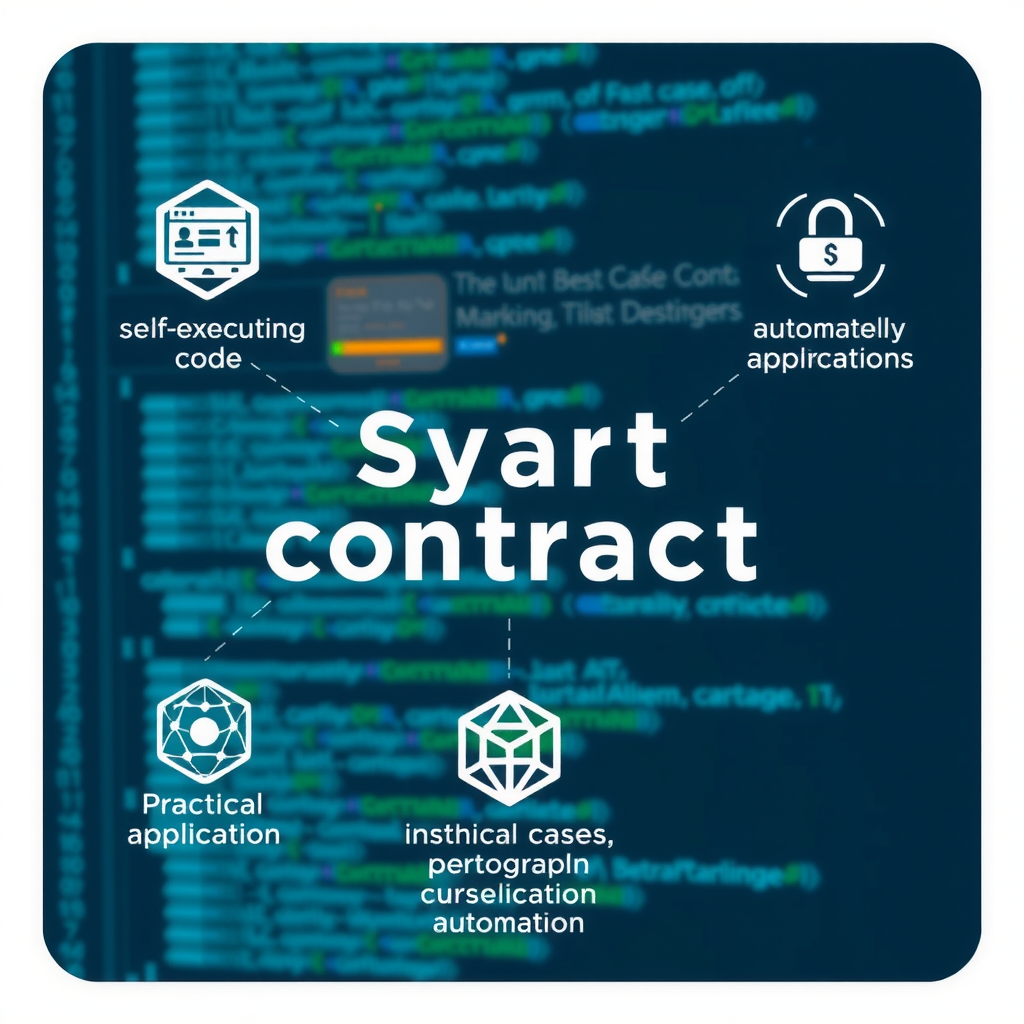 Representación visual de contratos inteligentes mostrando código autoejecutándose, aplicaciones descentralizadas y casos de uso prácticos con símbolos de automatización y blockchain