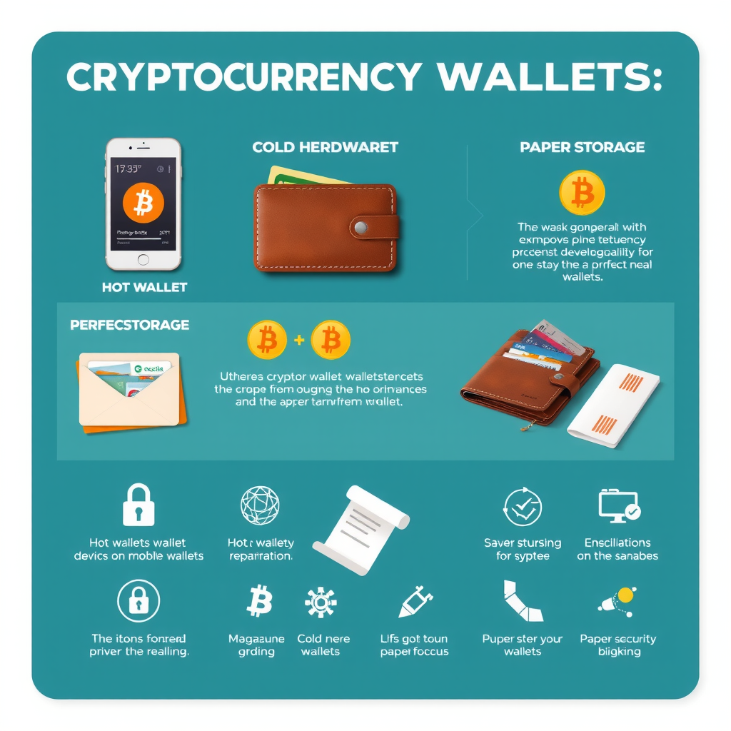 Infografía educativa mostrando diferentes tipos de billeteras de criptomonedas: billeteras calientes en dispositivos móviles, billeteras frías de hardware, almacenamiento en papel, con iconos de seguridad y comparaciones visuales