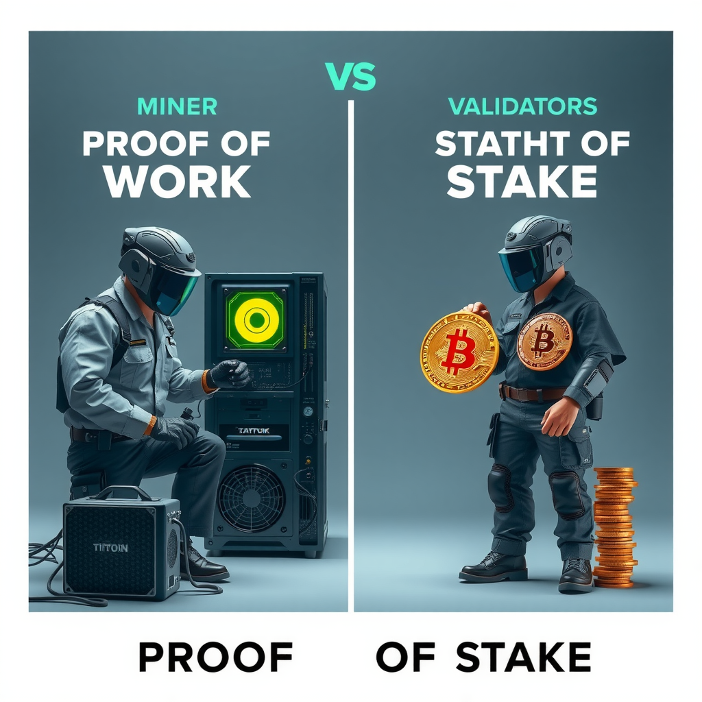 Comparación visual entre Proof of Work y Proof of Stake, mostrando mineros con equipos de computación en un lado y validadores con tokens apostados en el otro, ilustrando las diferencias fundamentales entre ambos mecanismos de consenso