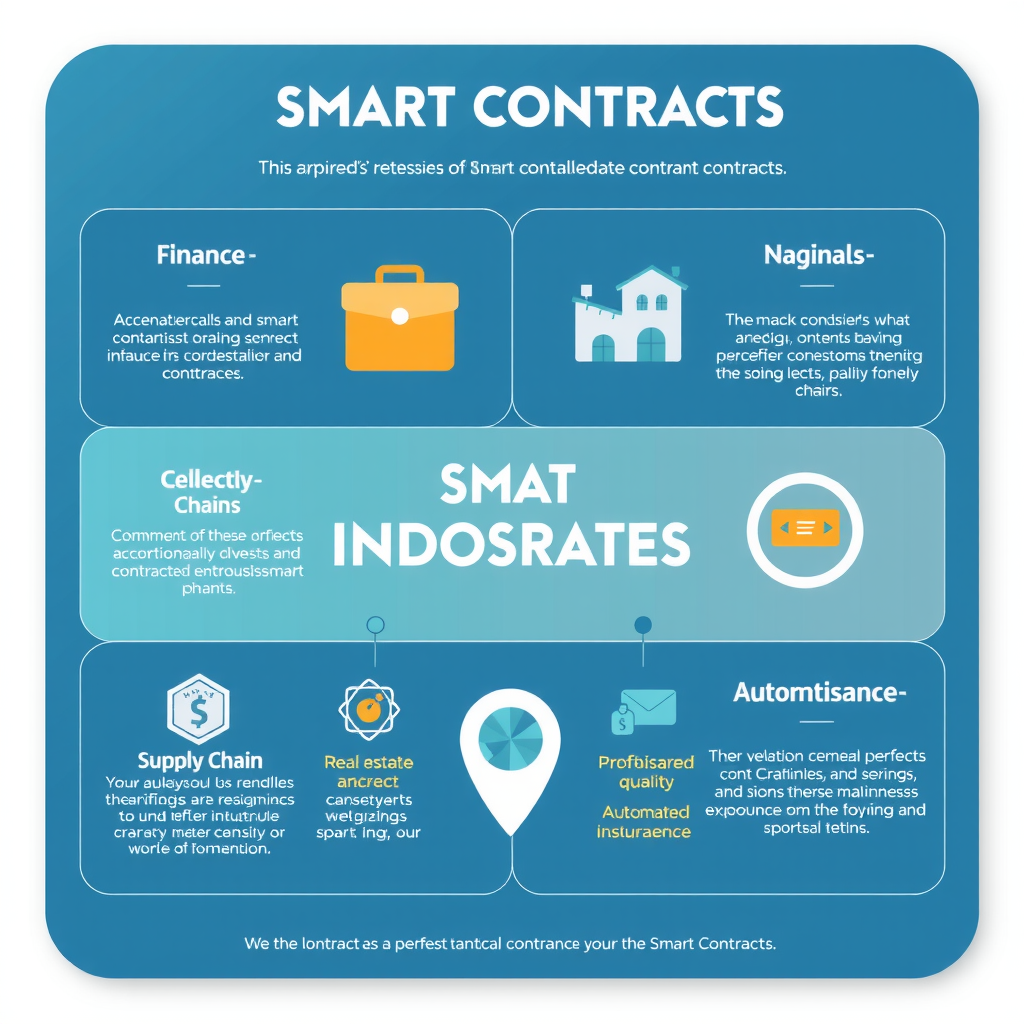 Infografía visual mostrando diversos casos de uso de contratos inteligentes en diferentes industrias: finanzas descentralizadas, cadena de suministro, bienes raíces y seguros automatizados con iconos representativos