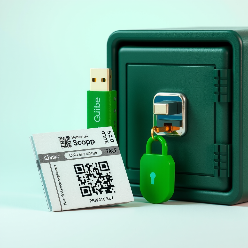 Imagen conceptual de almacenamiento en frío mostrando un dispositivo hardware wallet físico tipo USB, una cartera de papel con códigos QR y claves privadas impresas, y un símbolo de caja fuerte, todo en un diseño verde que representa seguridad máxima