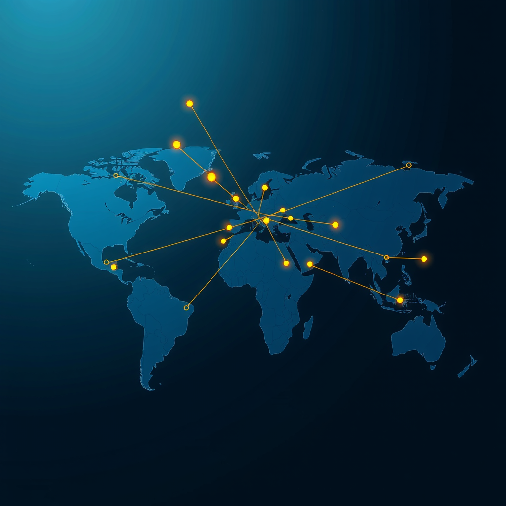 Ilustración de una red blockchain global con nodos distribuidos geográficamente, mostrando conexiones entre diferentes continentes y la naturaleza descentralizada de la infraestructura