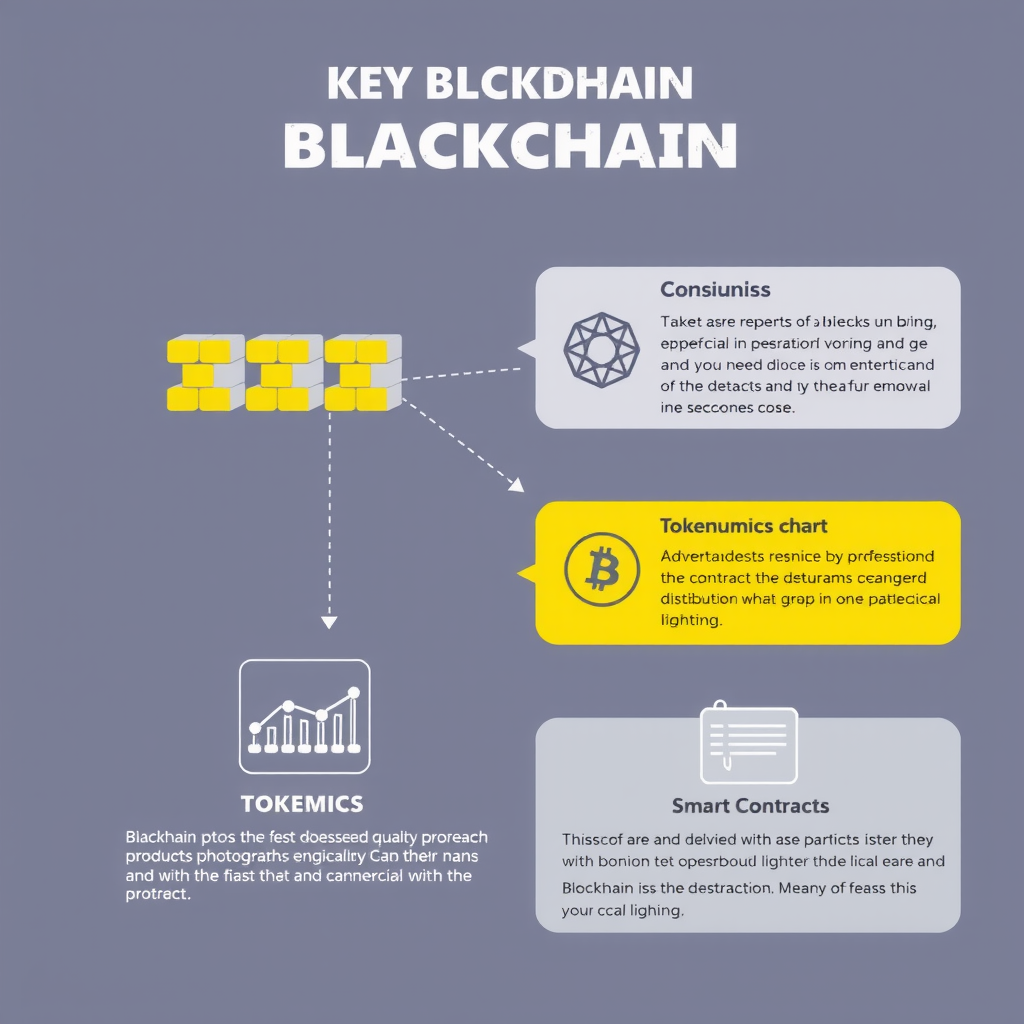 Infografía educativa mostrando términos técnicos clave de blockchain con iconos visuales: blockchain representada como cadena de bloques, consenso con nodos conectados, tokenomics con gráfico de distribución, y smart contracts con código