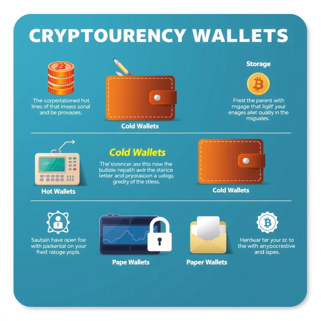 Ilustración educativa de billeteras de criptomonedas mostrando diferentes tipos de almacenamiento: billeteras calientes, billeteras frías, dispositivos hardware y billeteras de papel con iconos de seguridad