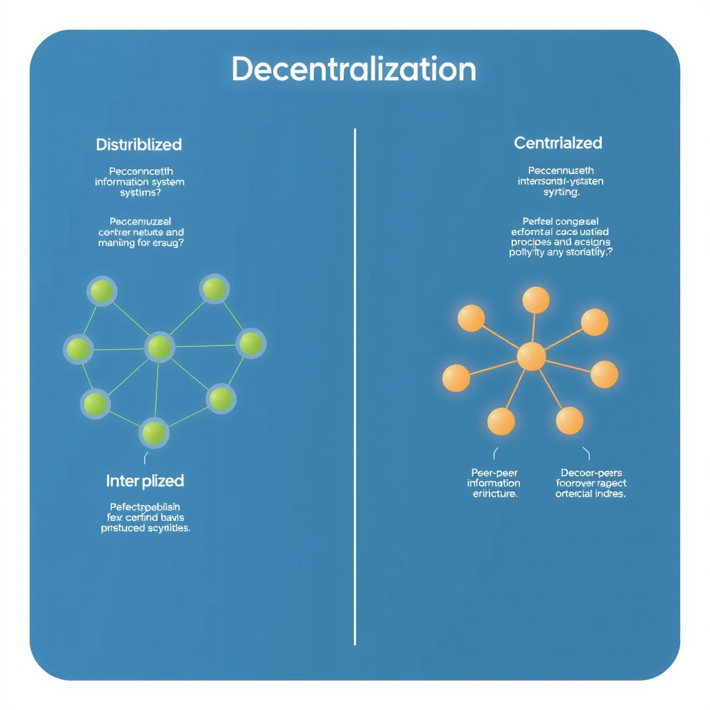 Diagrama conceptual de descentralización mostrando redes distribuidas versus estructuras centralizadas, nodos interconectados, flujo de información peer-to-peer y principios de sistemas descentralizados en blockchain