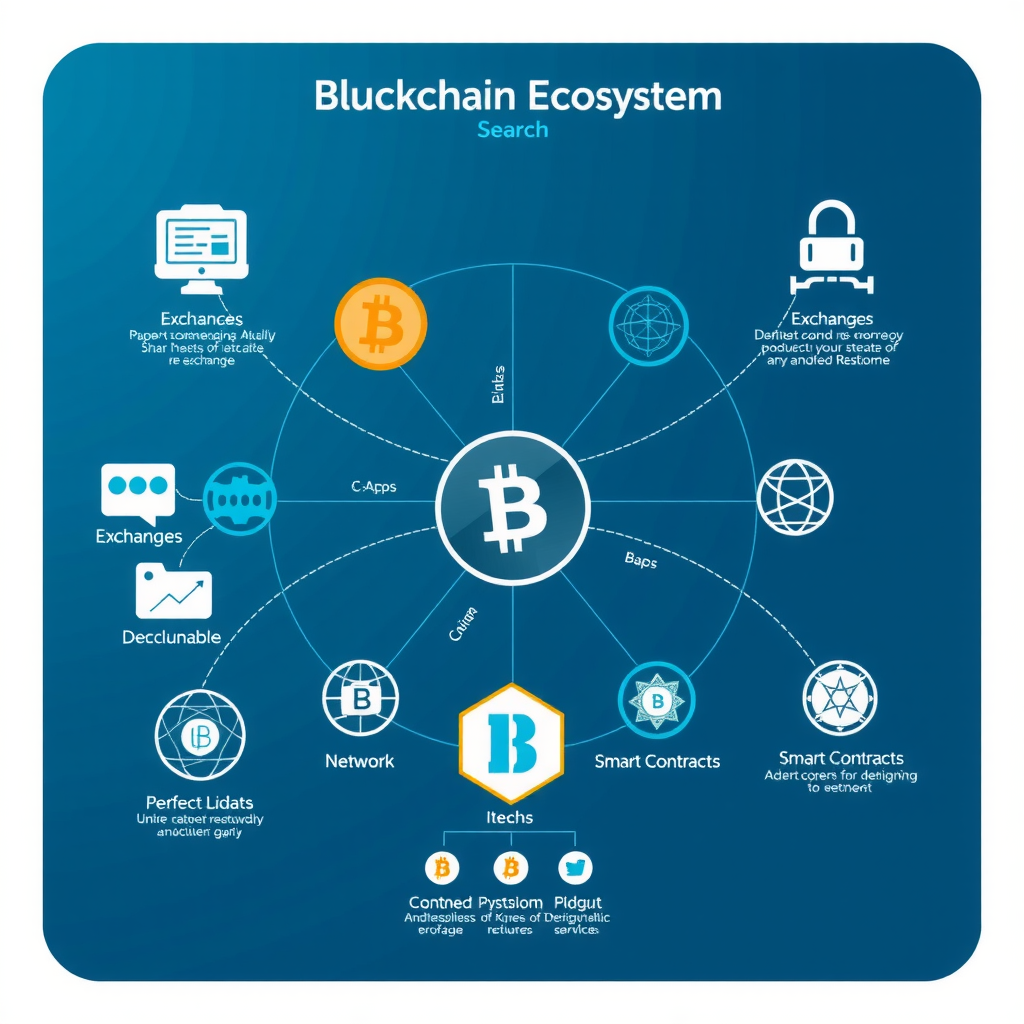 Infografía del ecosistema blockchain mostrando la interconexión entre diferentes componentes: billeteras digitales, exchanges, aplicaciones descentralizadas (dApps), contratos inteligentes, y nodos de red, todo conectado en una red visual coherente con iconos modernos