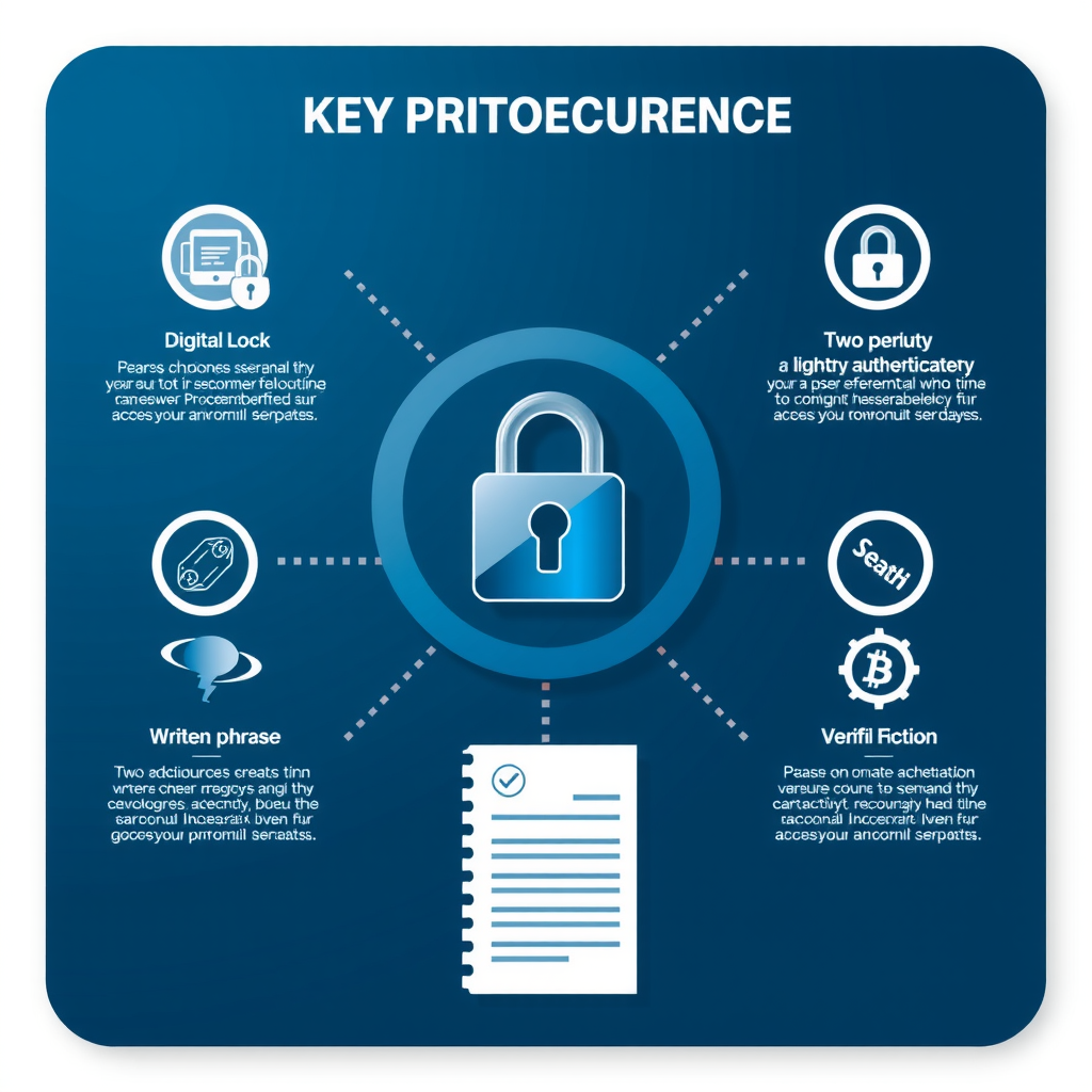 Infografía de seguridad mostrando elementos clave de protección de criptomonedas: un candado digital, autenticación de dos factores, frase de recuperación escrita en papel, y símbolos de verificación, todo en un diseño profesional azul oscuro