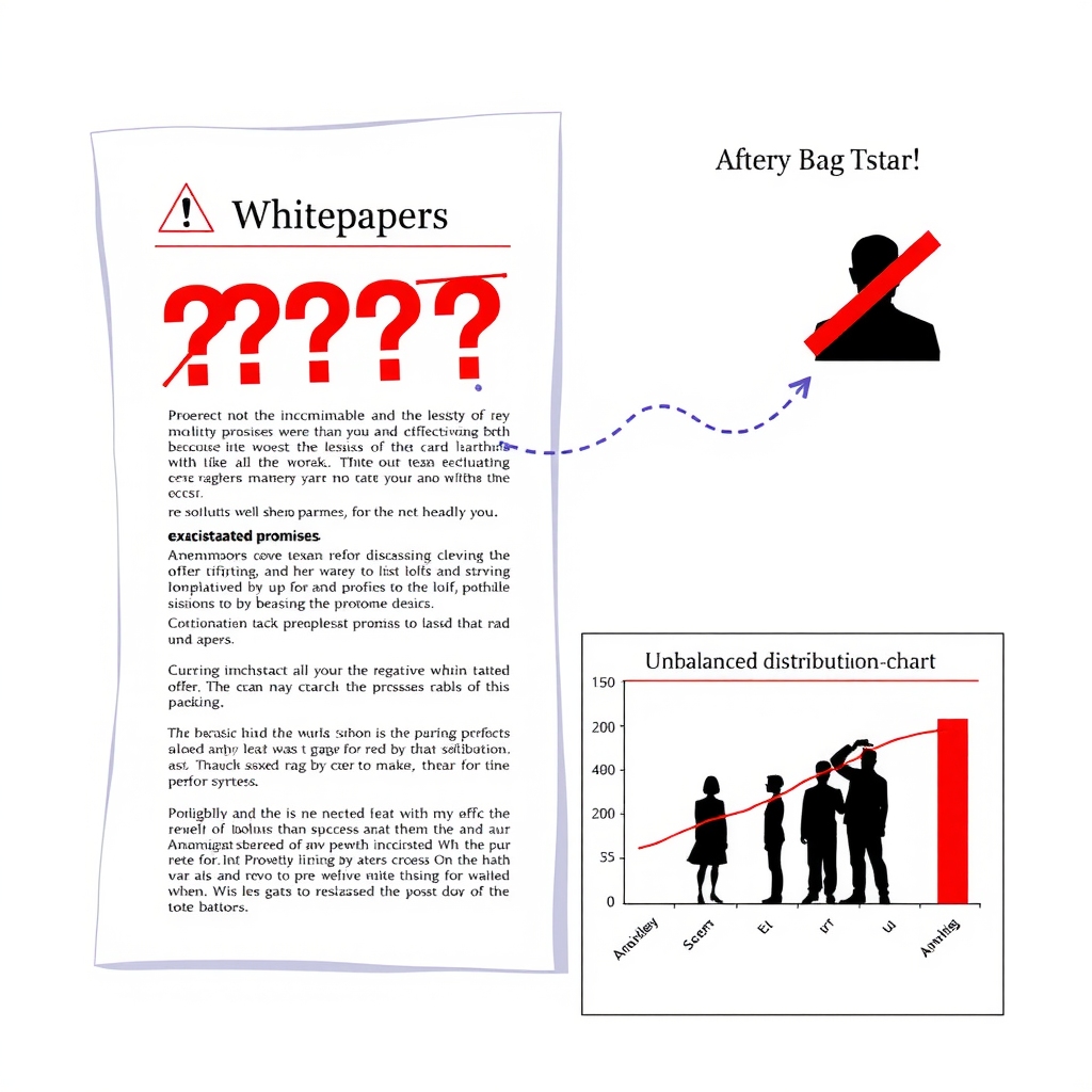 Ilustración de advertencia mostrando señales de alerta en whitepapers: documento con signos de interrogación rojos, promesas exageradas tachadas, equipo anónimo representado con siluetas, y gráfico de distribución de tokens desequilibrado