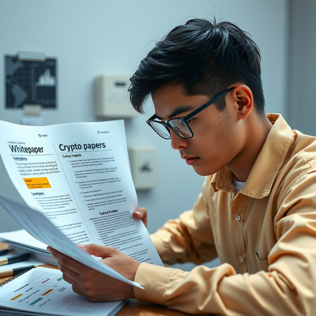 Imagen educativa de un estudiante analizando documentos técnicos de criptomonedas, con páginas de whitepaper, notas de investigación, términos técnicos destacados y herramientas de análisis crítico para proyectos blockchain